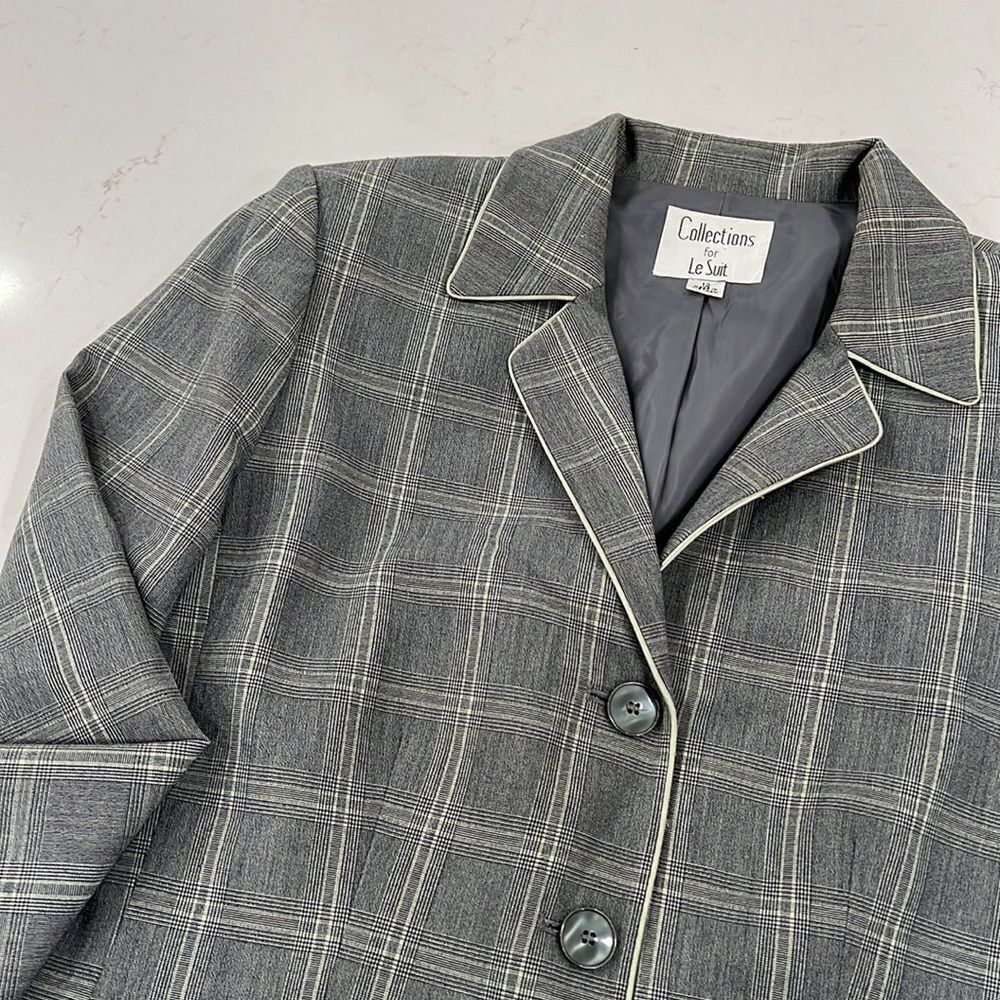 Vintage Le Suit Blazer Women’s Size 12 Gray Mint Plaid Long Sleeve Button Front - Picture 3 of 6
